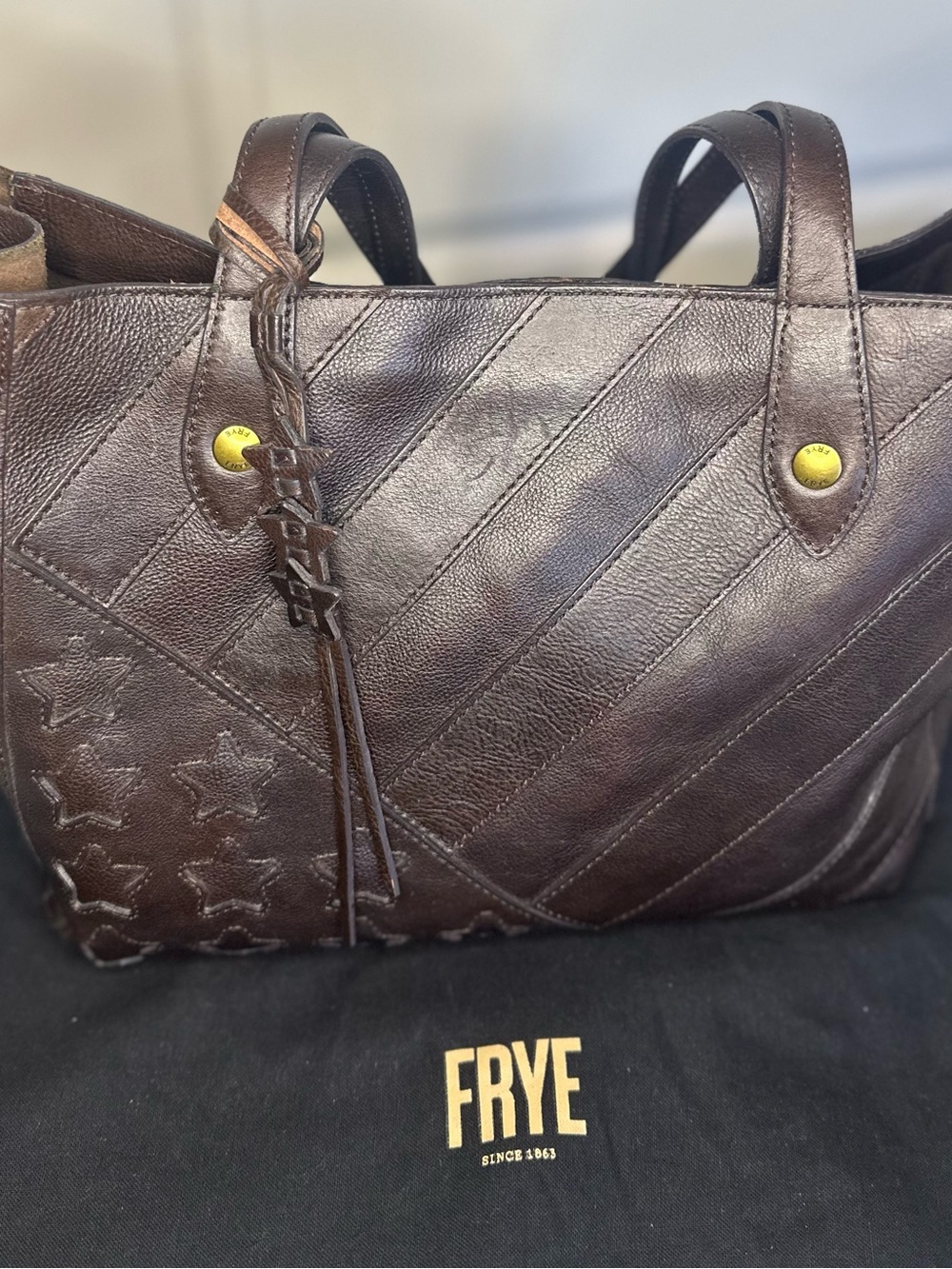 Frye Dark Brown Leather Tote with Star Stitch Accents